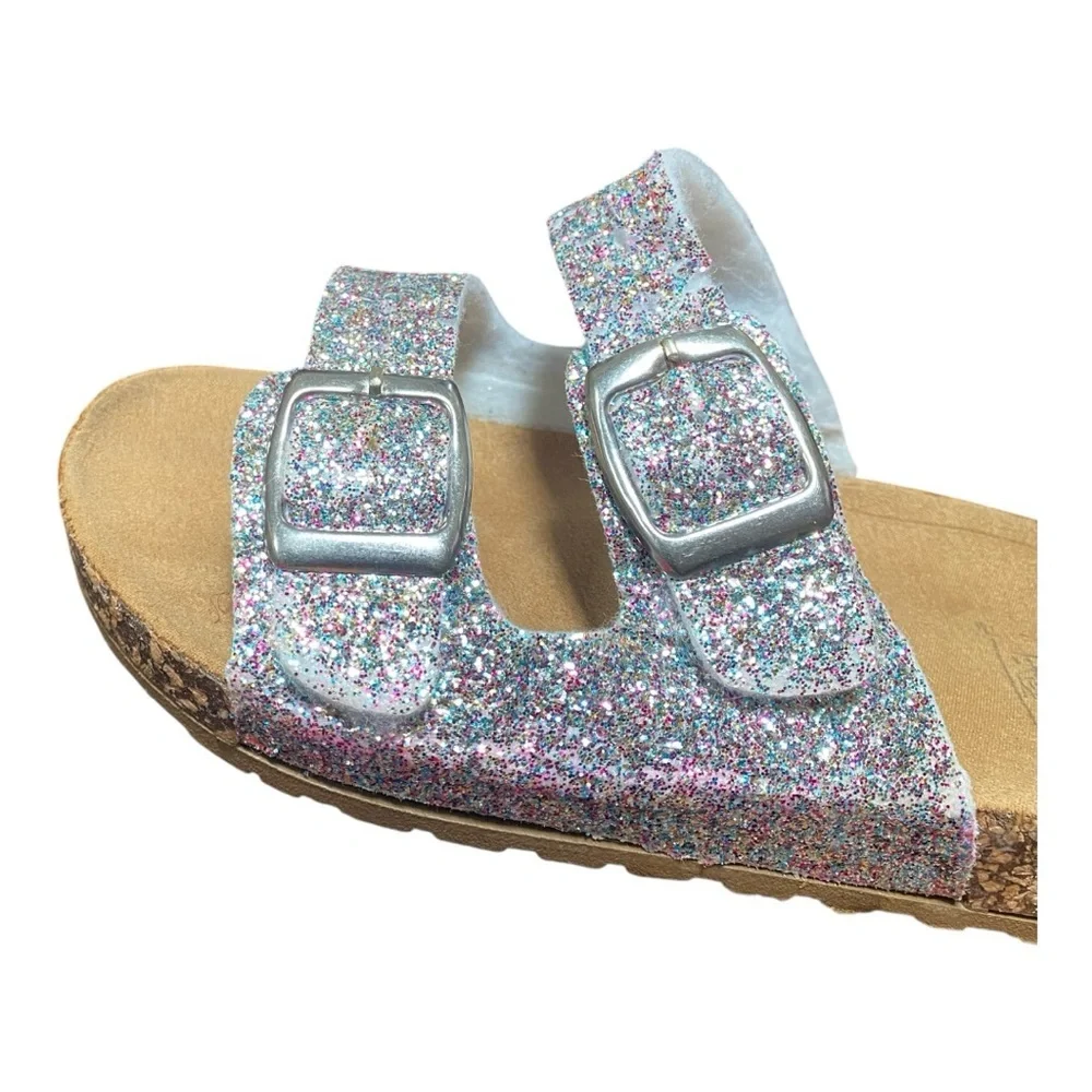 Girls Silver Sandals with Glittery Finish and Cork Footbed